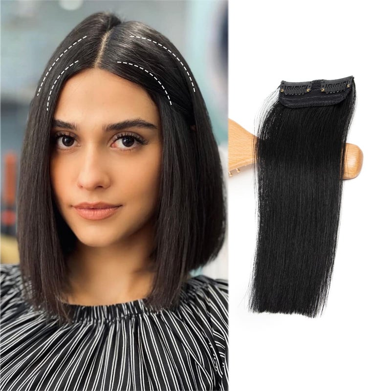 FEIPRO Short Hair Extensions Clip In Real Human Hair Silky Straight Weft Hair Topper for Women and Men With Thinning Hair Short Hair Easily add Hair Volume Thick Natural Invisible 81 Jet Black